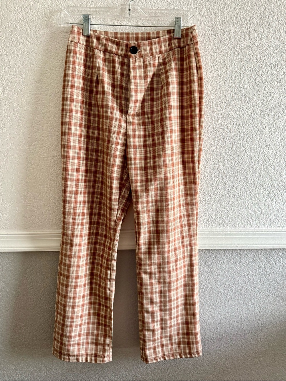 SHEIN Tan & Cream Plaid Straight-Leg Trousers